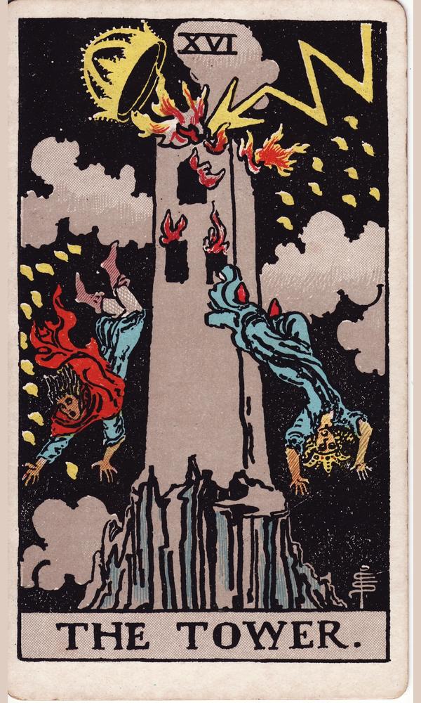 The Tower — lightning strikes a tower on a crag, its crown flung off, two figures falling